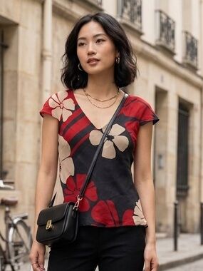 Monsoon V-neck Black Top with Red and Beige Floral Accents